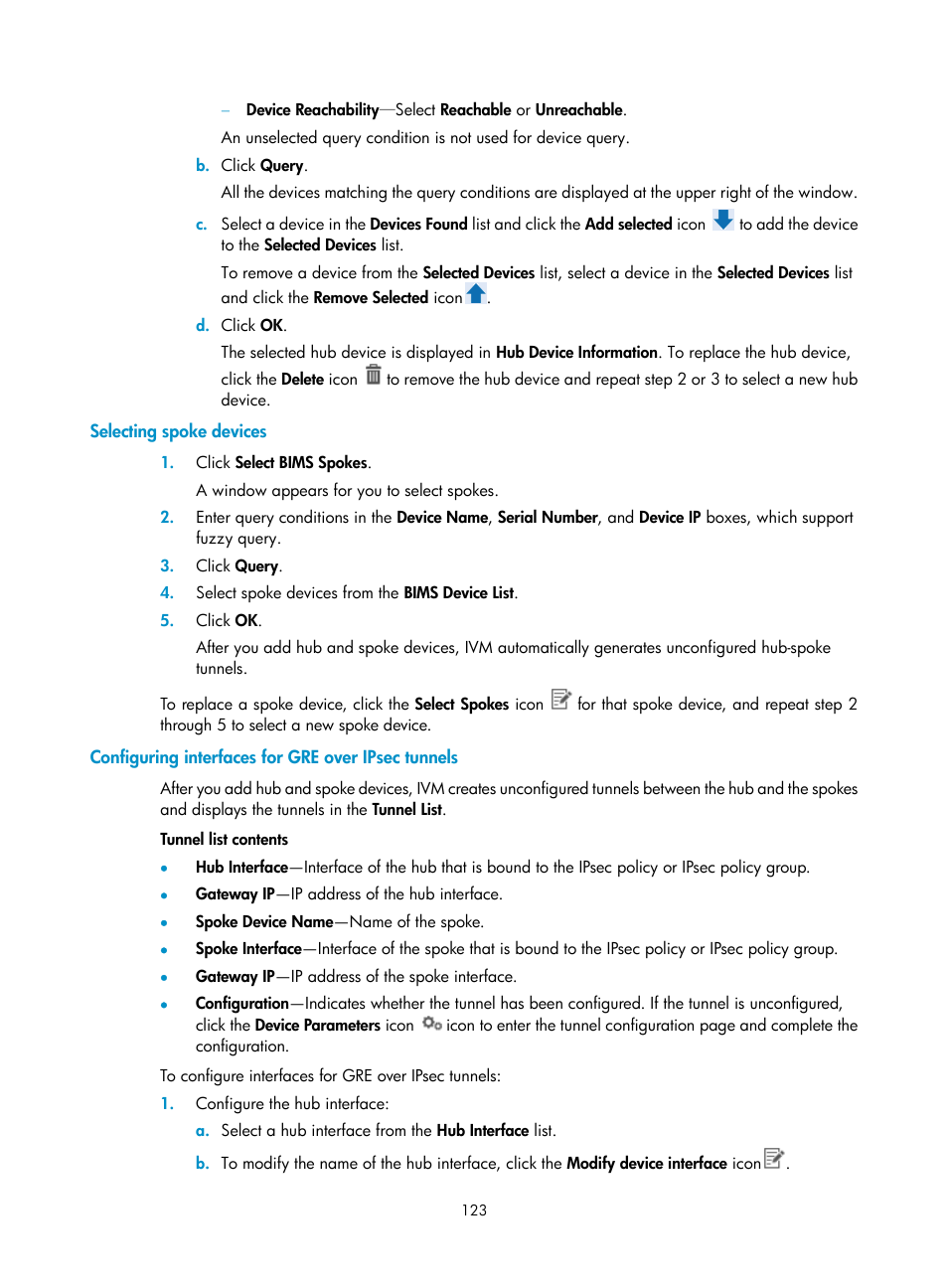 Selecting spoke devices, Configuring interfaces for gre over ipsec tunnels | H3C Technologies H3C Intelligent Management Center User Manual | Page 133 / 213