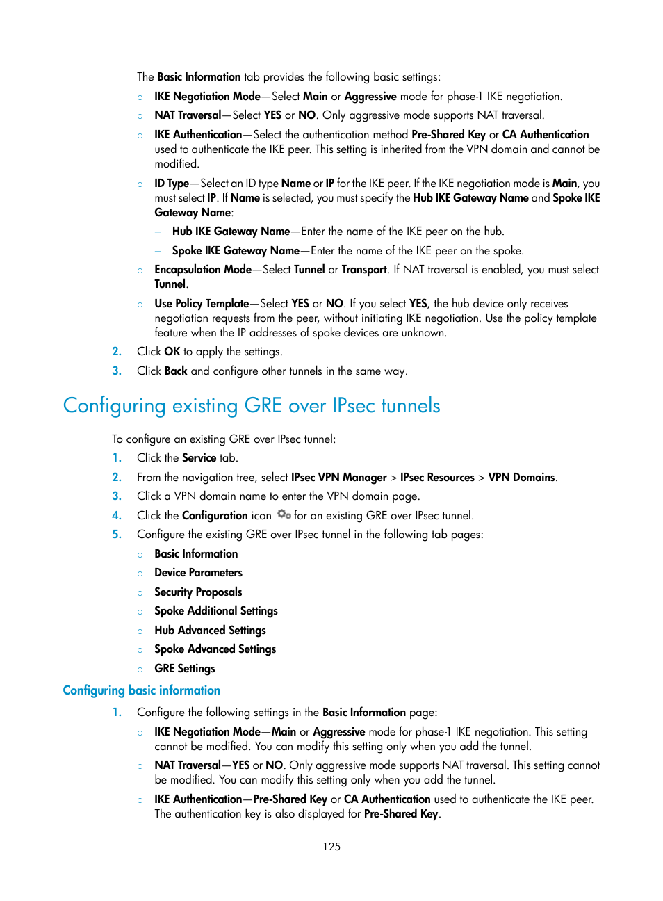 Configuring existing gre over ipsec tunnels, Configuring basic information | H3C Technologies H3C Intelligent Management Center User Manual | Page 135 / 213