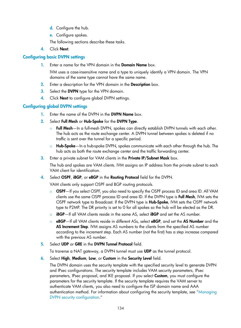 Configuring basic dvpn settings, Configuring global dvpn settings | H3C Technologies H3C Intelligent Management Center User Manual | Page 144 / 213
