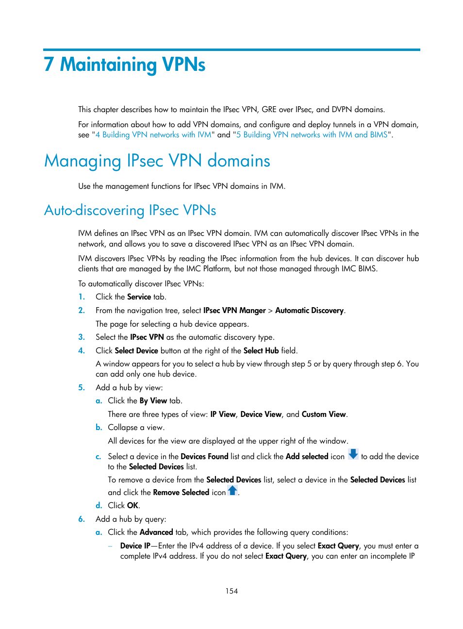 7 maintaining vpns, Managing ipsec vpn domains, Auto-discovering ipsec vpns | H3C Technologies H3C Intelligent Management Center User Manual | Page 164 / 213