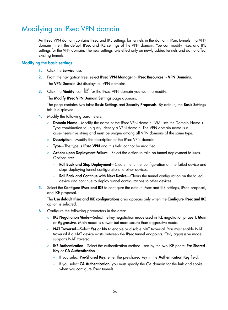 Modifying an ipsec vpn domain, Modifying the basic settings | H3C Technologies H3C Intelligent Management Center User Manual | Page 166 / 213