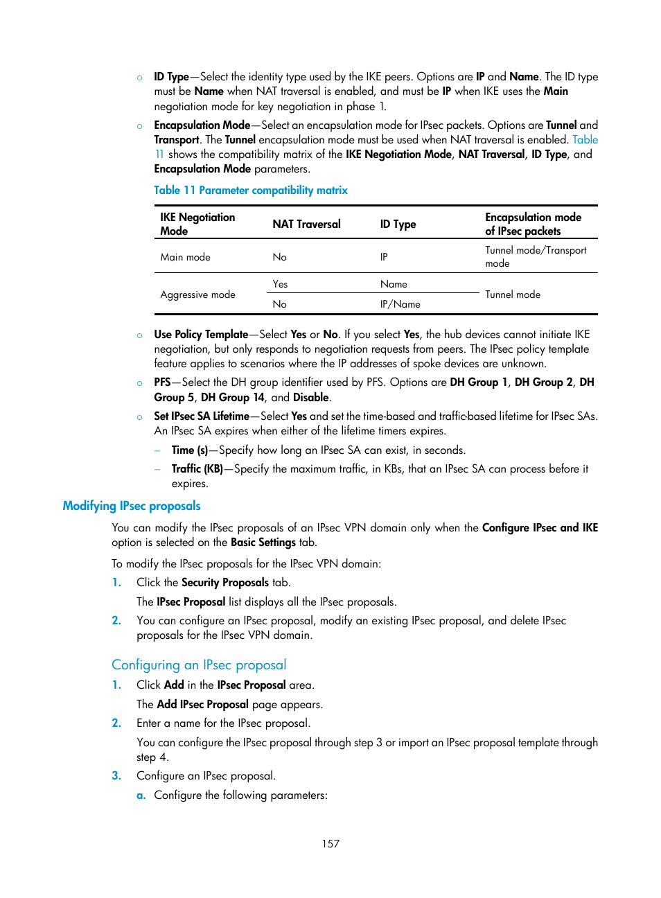 Modifying ipsec proposals, Configuring an ipsec proposal | H3C Technologies H3C Intelligent Management Center User Manual | Page 167 / 213