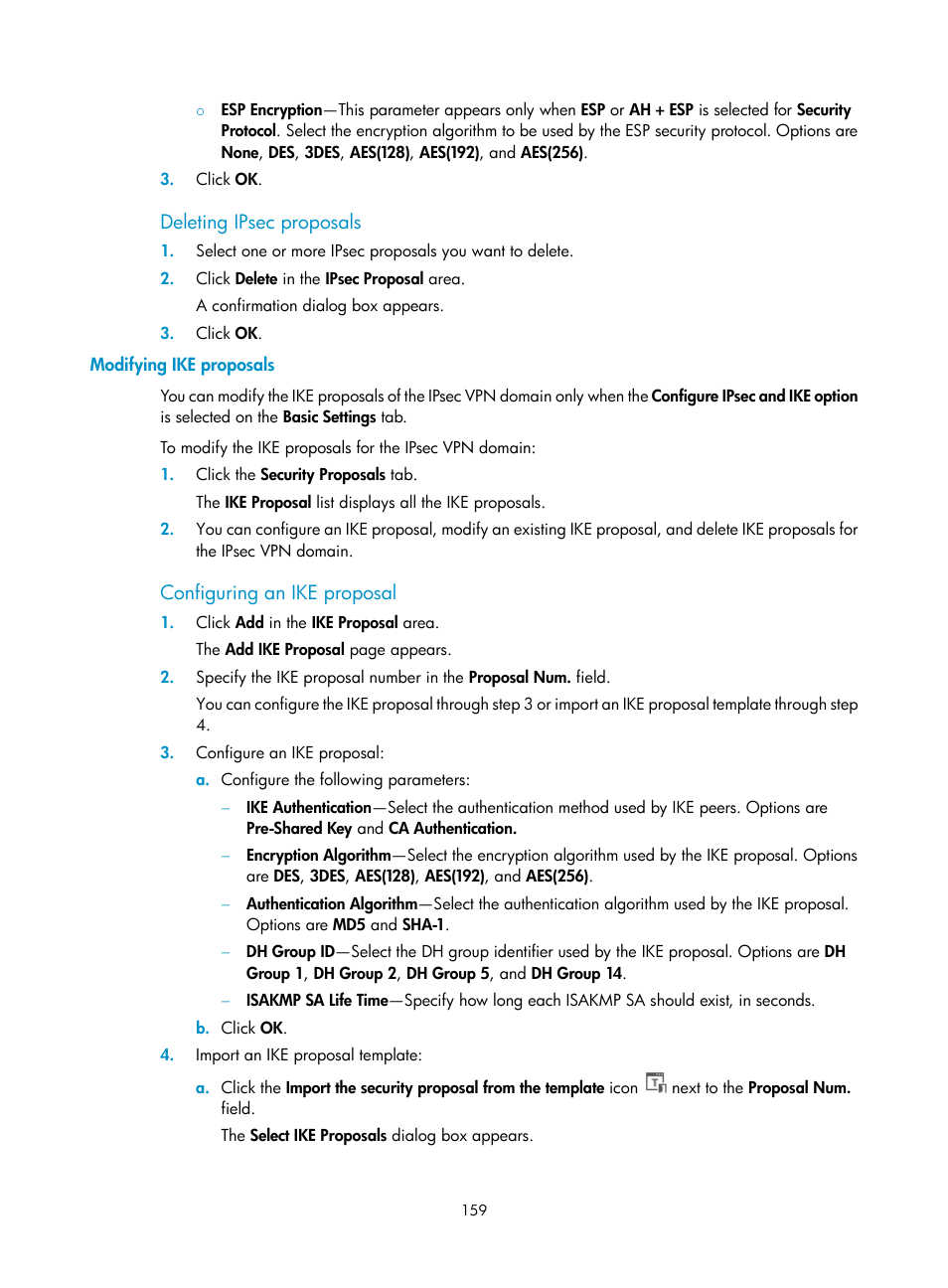 Deleting ipsec proposals, Modifying ike proposals, Configuring an ike proposal | H3C Technologies H3C Intelligent Management Center User Manual | Page 169 / 213
