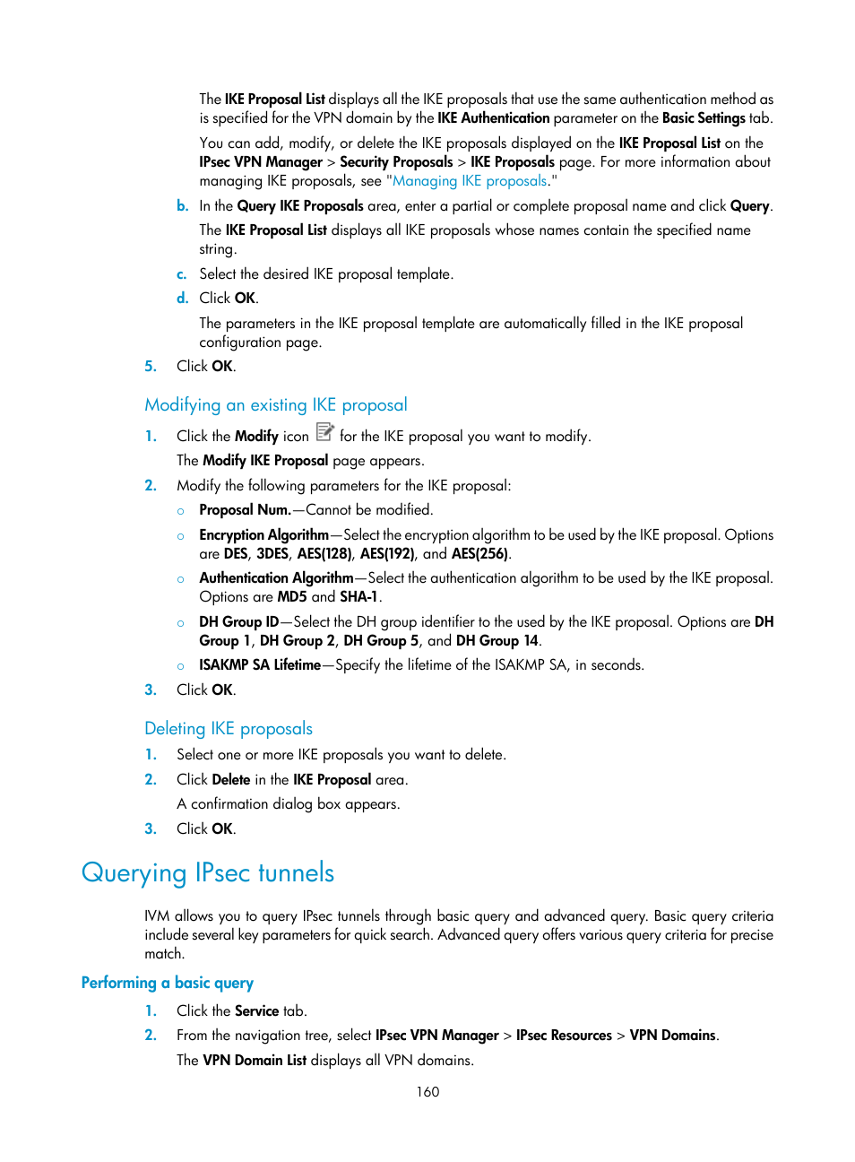 Modifying an existing ike proposal, Deleting ike proposals, Querying ipsec tunnels | Performing a basic query | H3C Technologies H3C Intelligent Management Center User Manual | Page 170 / 213