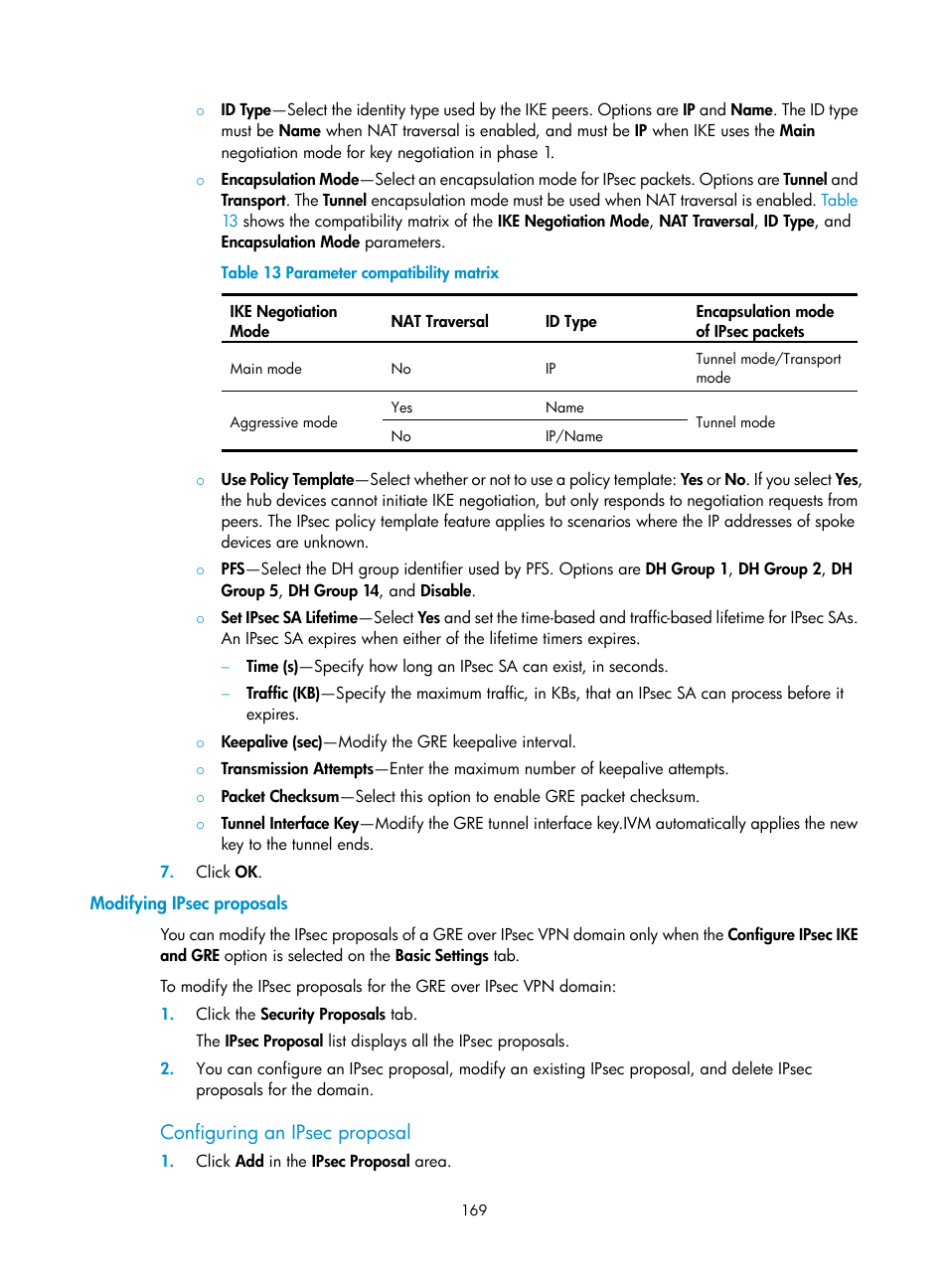Modifying ipsec proposals, Configuring an ipsec proposal | H3C Technologies H3C Intelligent Management Center User Manual | Page 179 / 213