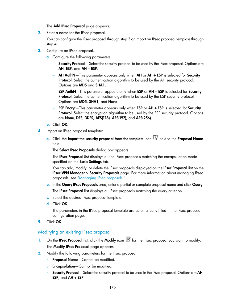 Modifying an existing ipsec proposal | H3C Technologies H3C Intelligent Management Center User Manual | Page 180 / 213