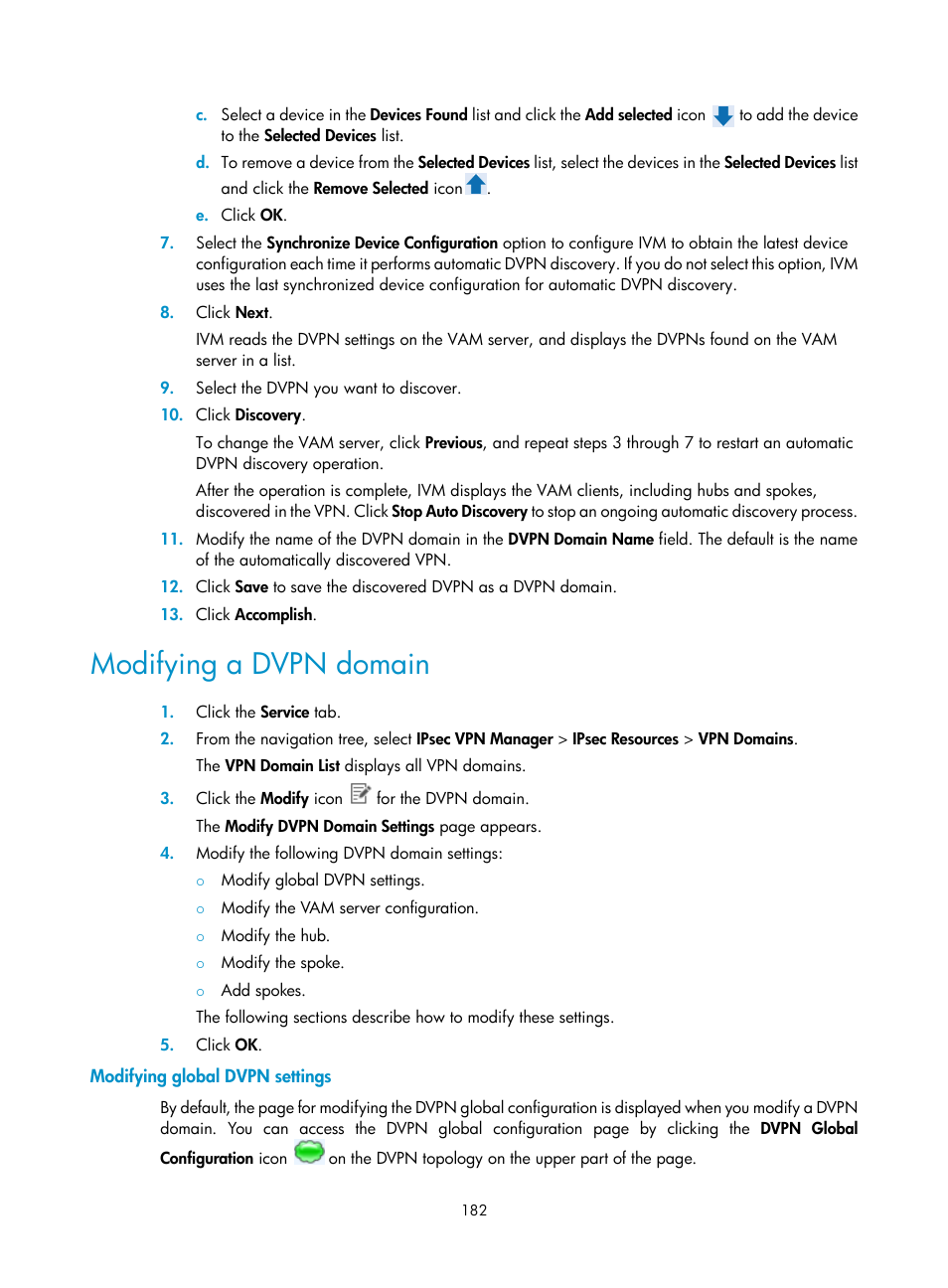 Modifying a dvpn domain, Modifying global dvpn settings | H3C Technologies H3C Intelligent Management Center User Manual | Page 192 / 213