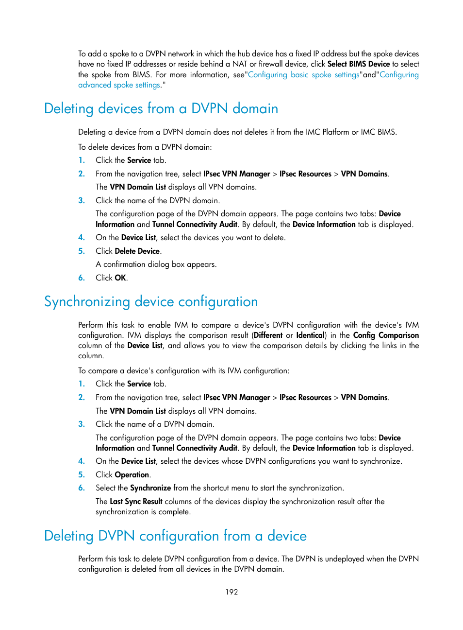 Deleting devices from a dvpn domain, Synchronizing device configuration, Deleting dvpn configuration from a device | H3C Technologies H3C Intelligent Management Center User Manual | Page 202 / 213