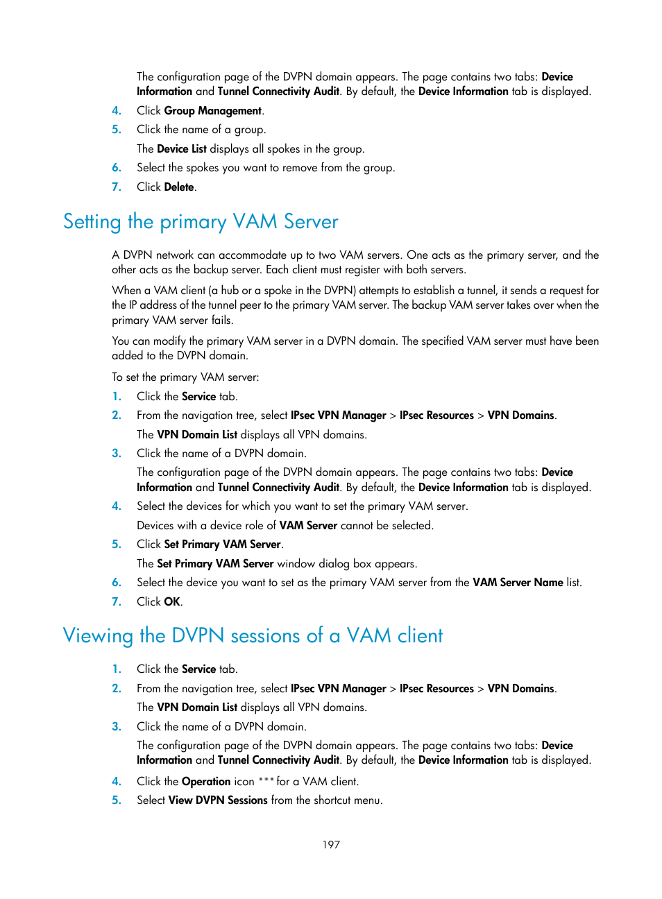 Setting the primary vam server, Viewing the dvpn sessions of a vam client | H3C Technologies H3C Intelligent Management Center User Manual | Page 207 / 213
