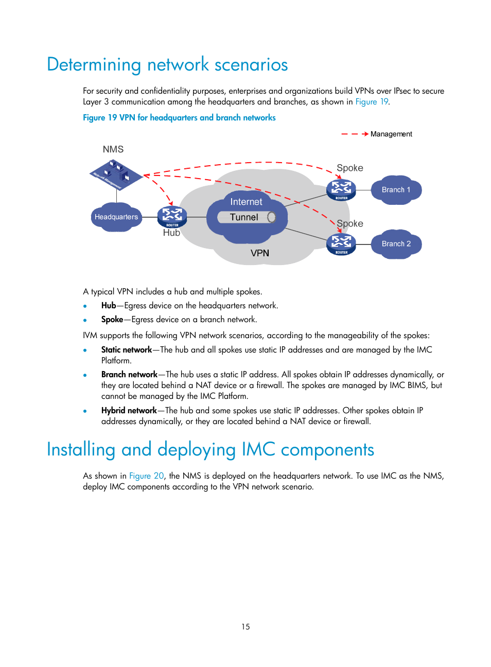 Determining network scenarios, Installing and deploying imc components | H3C Technologies H3C Intelligent Management Center User Manual | Page 25 / 213