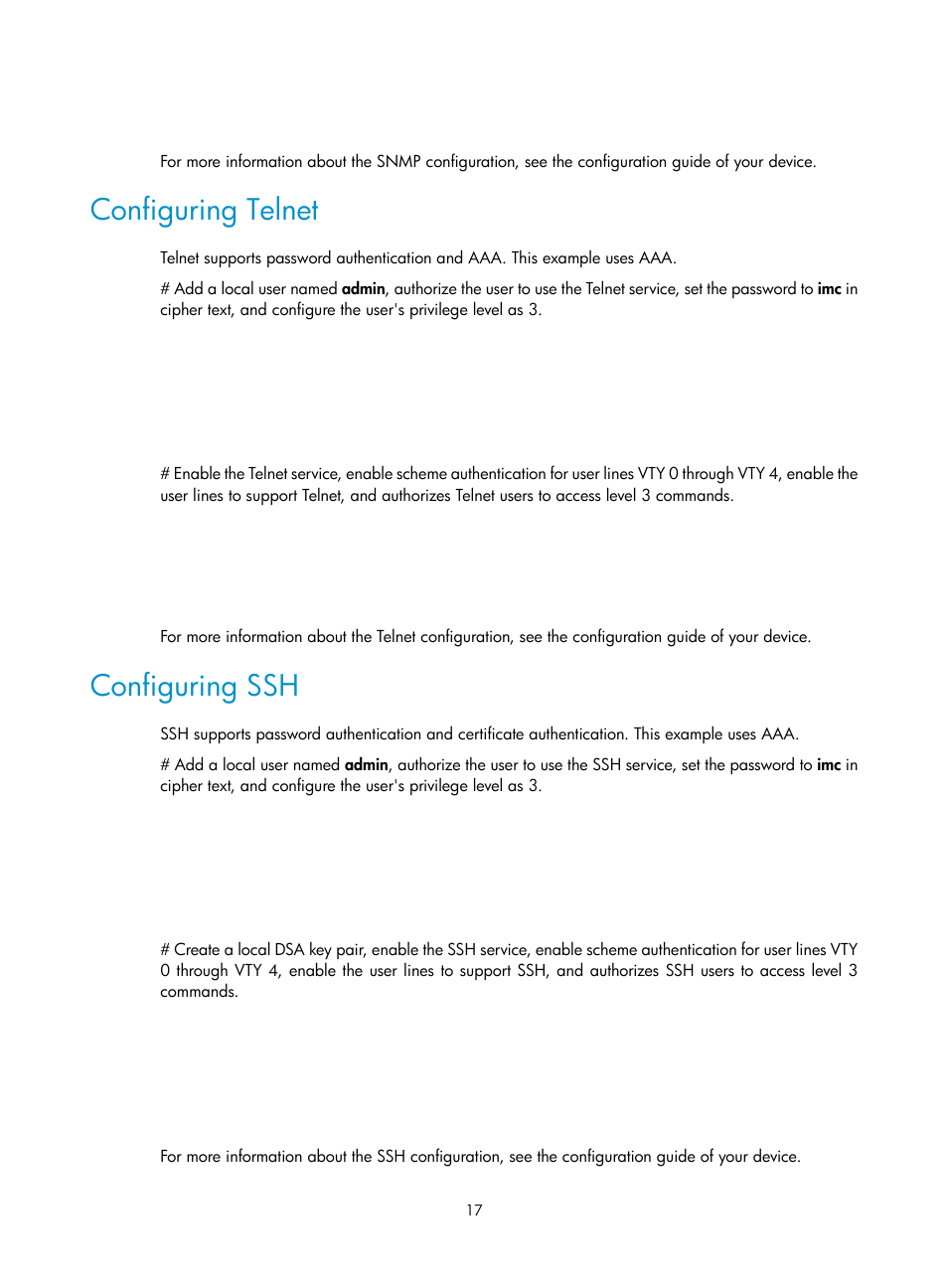 Configuring telnet, Configuring ssh | H3C Technologies H3C Intelligent Management Center User Manual | Page 27 / 213
