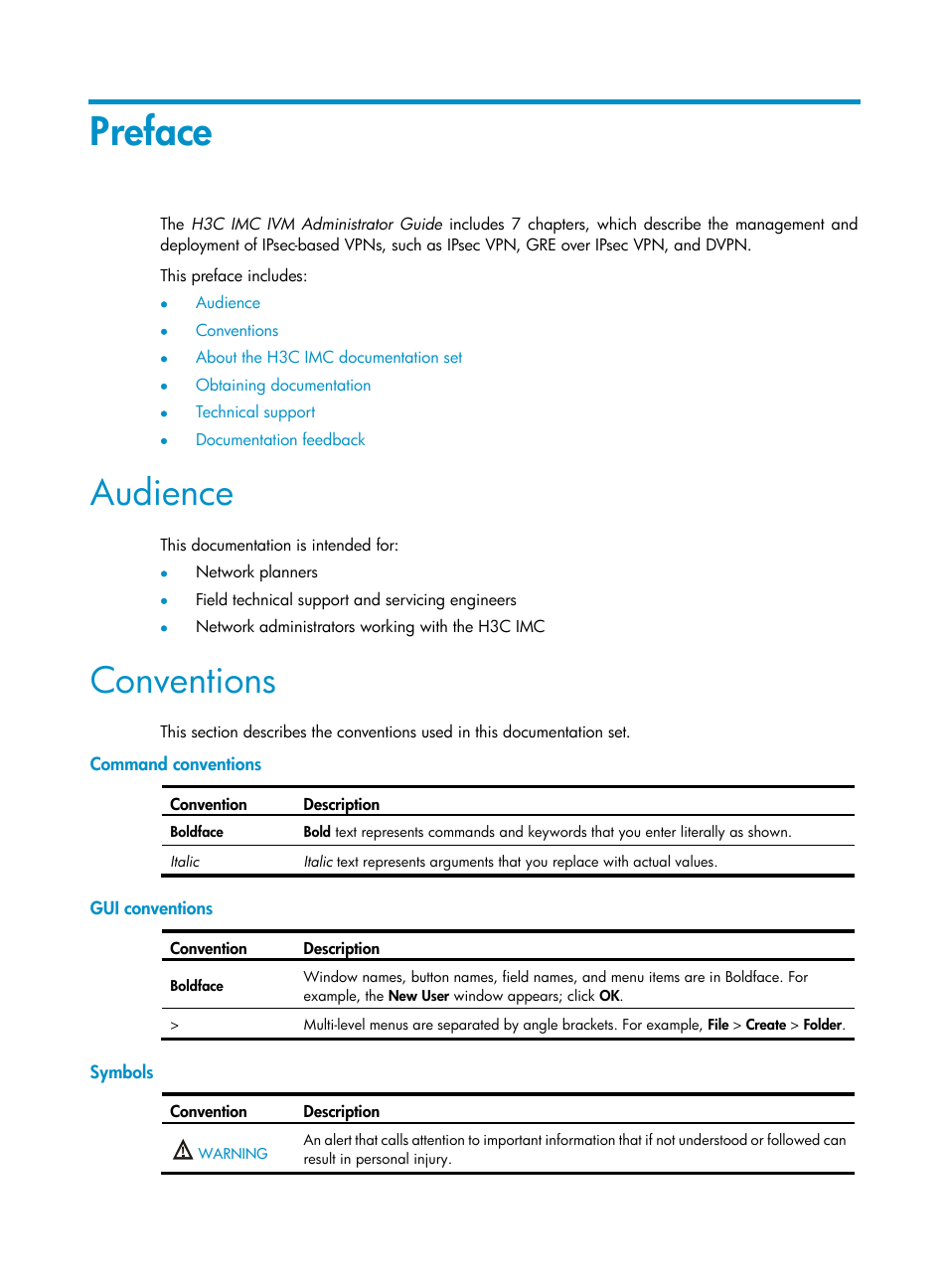 Preface, Audience, Conventions | H3C Technologies H3C Intelligent Management Center User Manual | Page 3 / 213