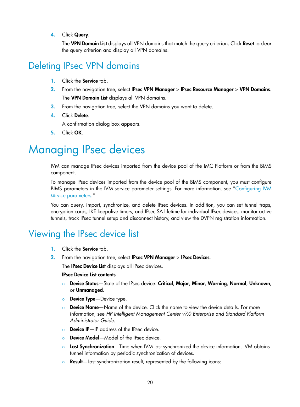 Deleting ipsec vpn domains, Managing ipsec devices, Viewing the ipsec device list | H3C Technologies H3C Intelligent Management Center User Manual | Page 30 / 213