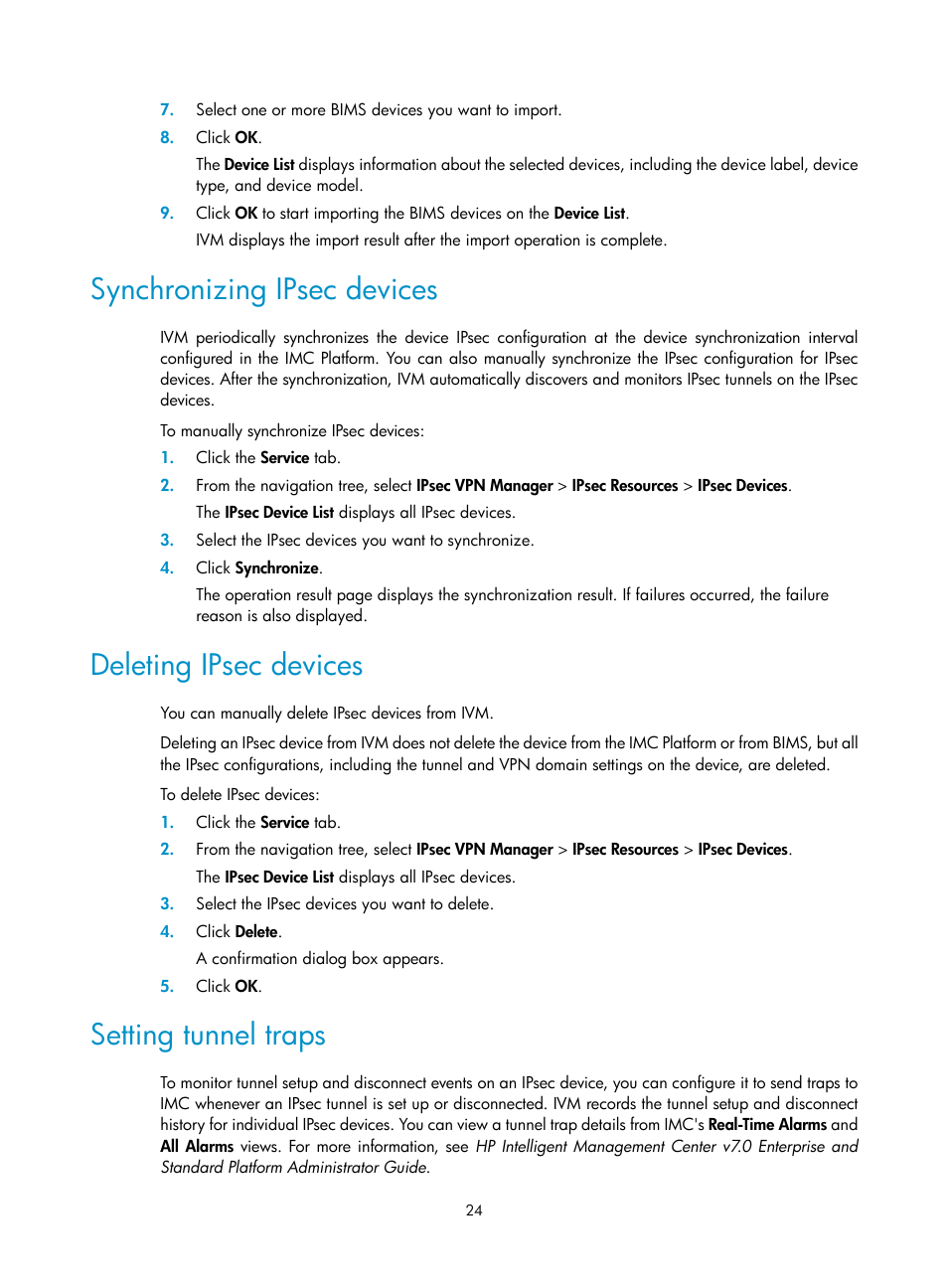 Synchronizing ipsec devices, Deleting ipsec devices, Setting tunnel traps | H3C Technologies H3C Intelligent Management Center User Manual | Page 34 / 213