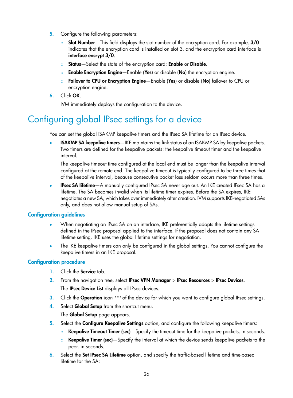 Configuring global ipsec settings for a device, Configuration guidelines, Configuration procedure | Ee "configuring global ipsec settings for a device | H3C Technologies H3C Intelligent Management Center User Manual | Page 36 / 213