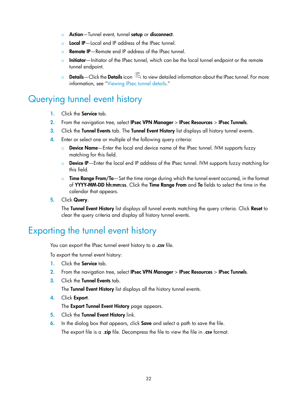 Querying tunnel event history, Exporting the tunnel event history | H3C Technologies H3C Intelligent Management Center User Manual | Page 42 / 213