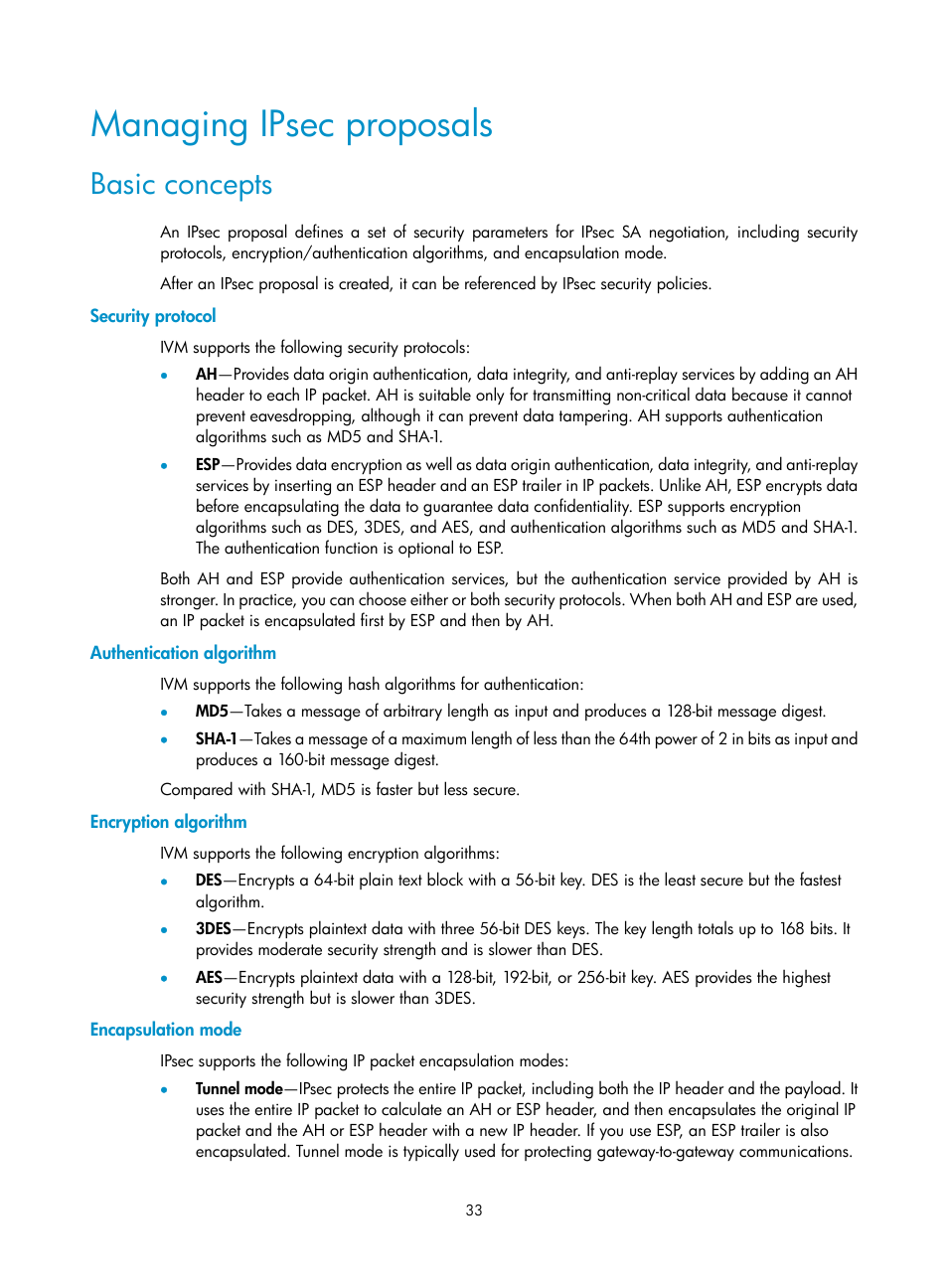 Managing ipsec proposals, Basic concepts, Security protocol | Authentication algorithm, Encryption algorithm, Encapsulation mode | H3C Technologies H3C Intelligent Management Center User Manual | Page 43 / 213