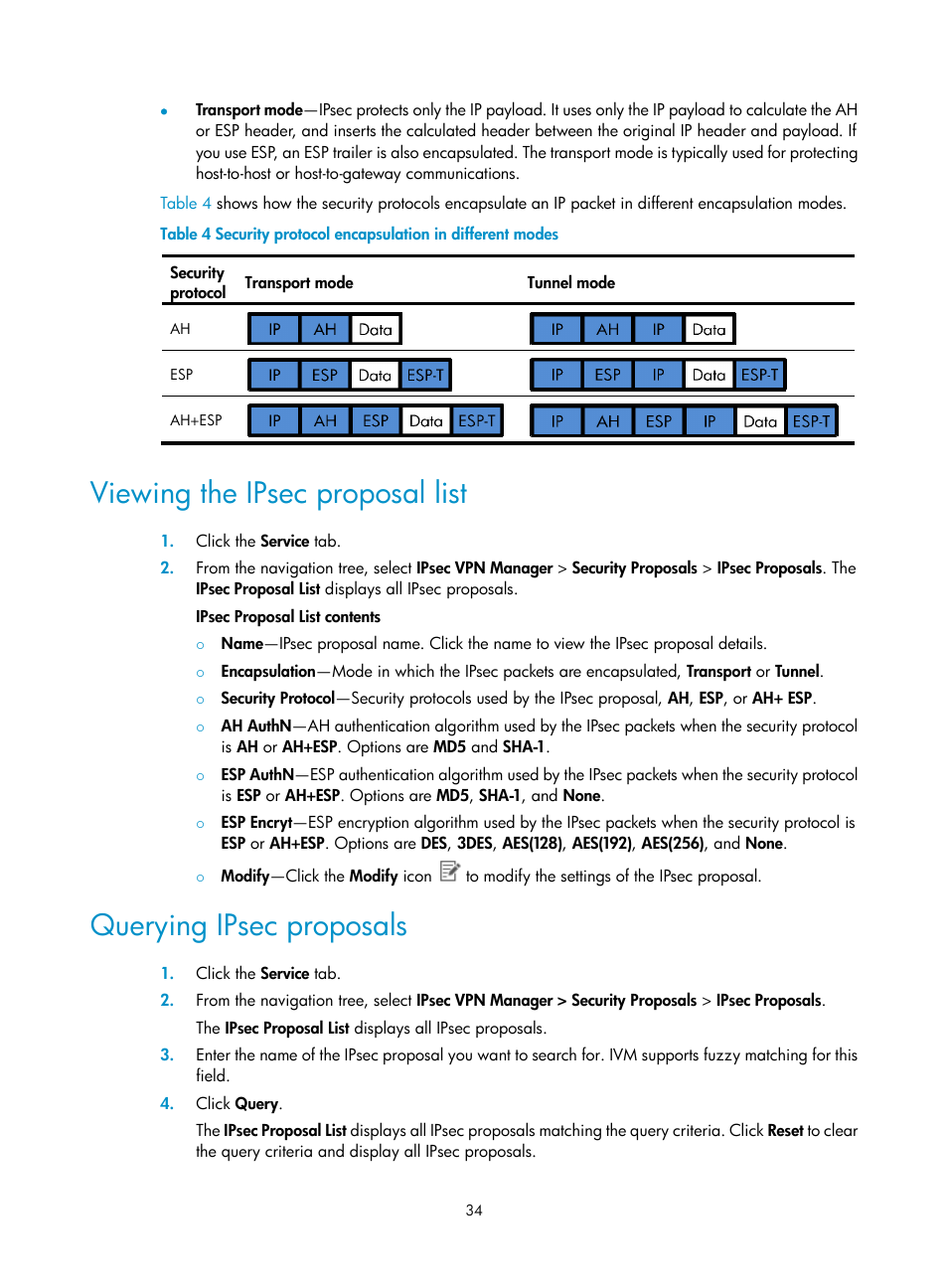 Viewing the ipsec proposal list, Querying ipsec proposals | H3C Technologies H3C Intelligent Management Center User Manual | Page 44 / 213
