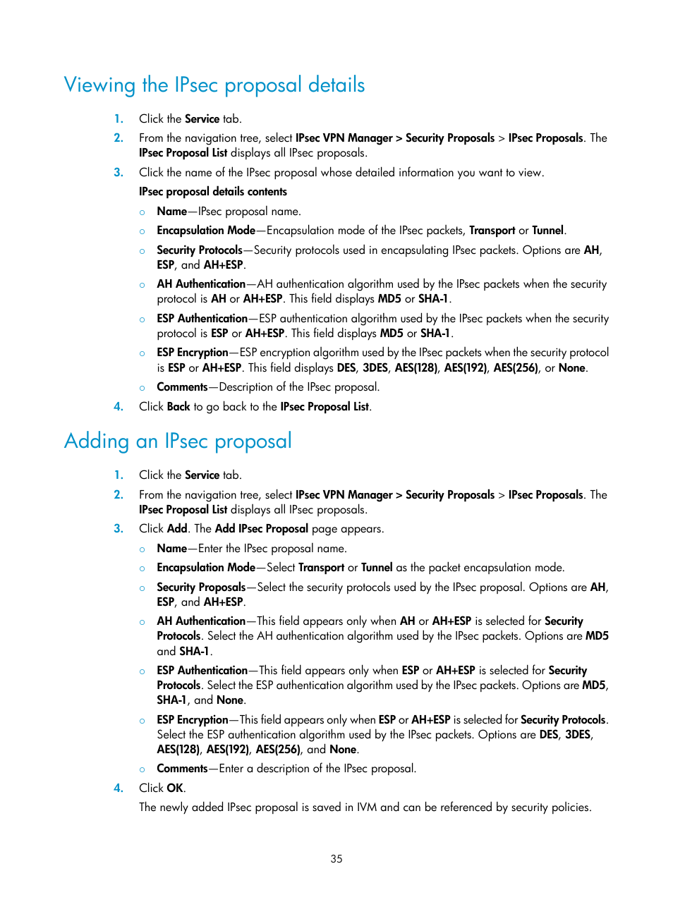 Viewing the ipsec proposal details, Adding an ipsec proposal | H3C Technologies H3C Intelligent Management Center User Manual | Page 45 / 213