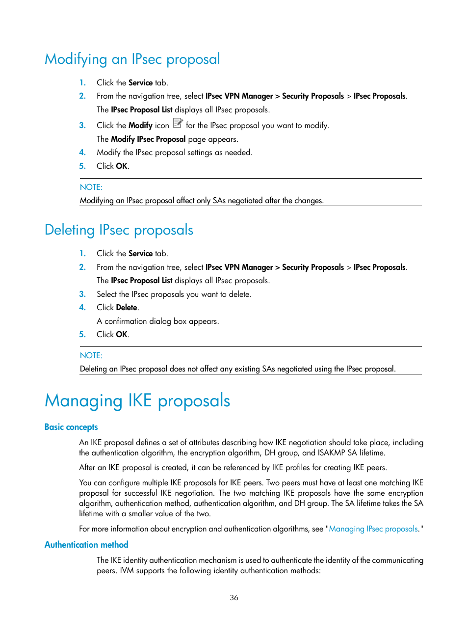 Modifying an ipsec proposal, Deleting ipsec proposals, Managing ike proposals | Basic concepts, Authentication method | H3C Technologies H3C Intelligent Management Center User Manual | Page 46 / 213