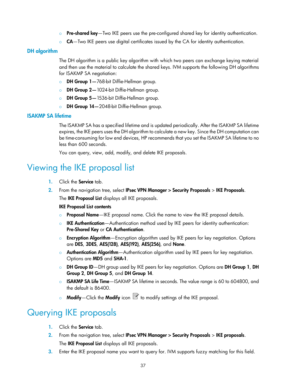 Dh algorithm, Isakmp sa lifetime, Viewing the ike proposal list | Querying ike proposals | H3C Technologies H3C Intelligent Management Center User Manual | Page 47 / 213