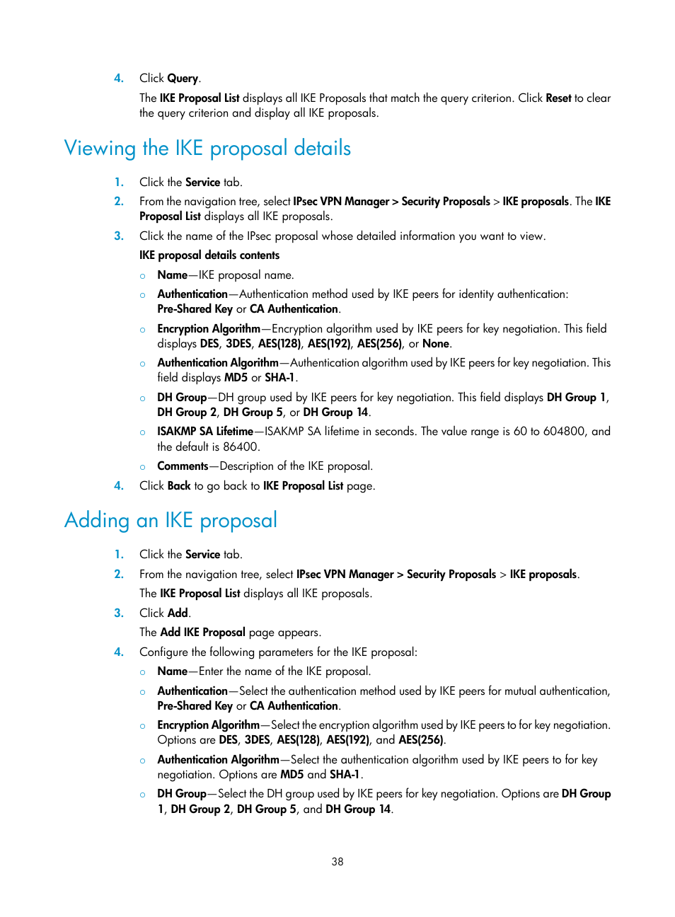 Viewing the ike proposal details, Adding an ike proposal | H3C Technologies H3C Intelligent Management Center User Manual | Page 48 / 213