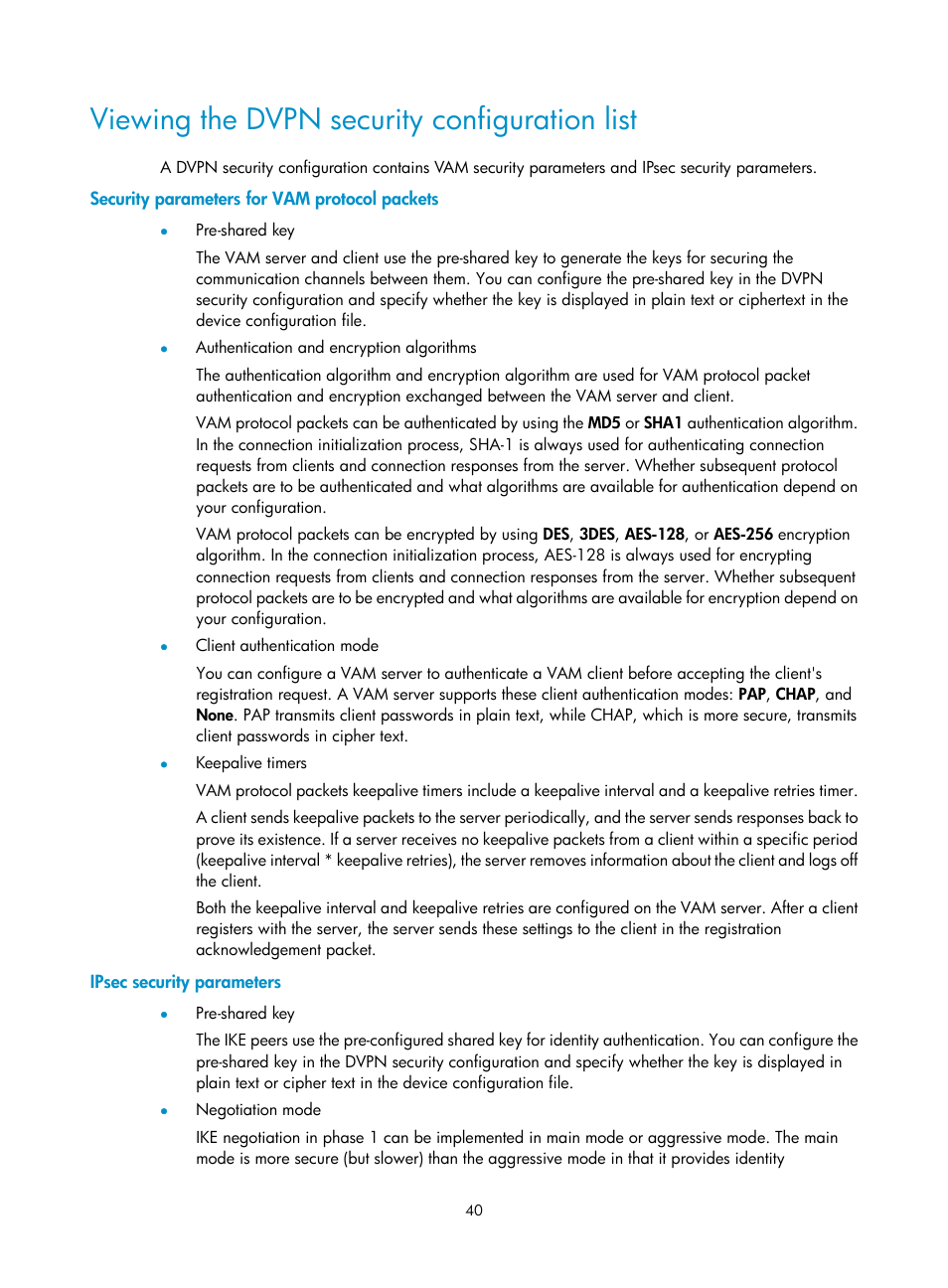 Viewing the dvpn security configuration list, Security parameters for vam protocol packets, Ipsec security parameters | H3C Technologies H3C Intelligent Management Center User Manual | Page 50 / 213