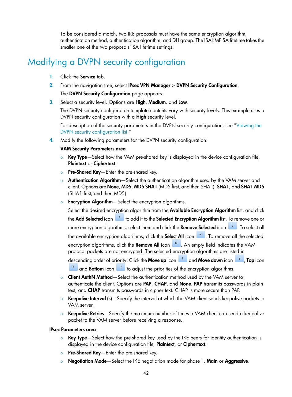 Modifying a dvpn security configuration | H3C Technologies H3C Intelligent Management Center User Manual | Page 52 / 213