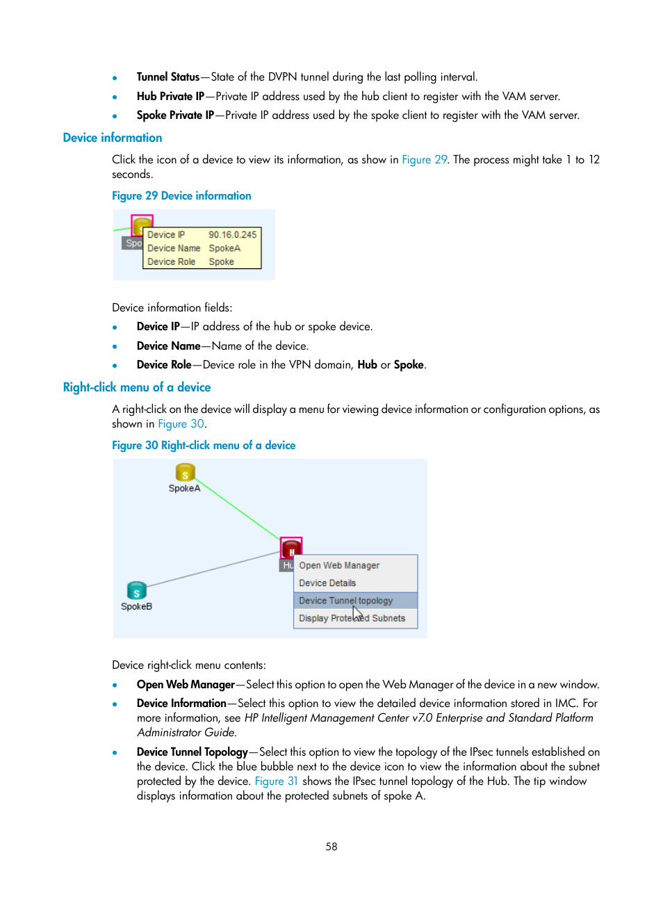 Device information, Right-click menu of a device | H3C Technologies H3C Intelligent Management Center User Manual | Page 68 / 213