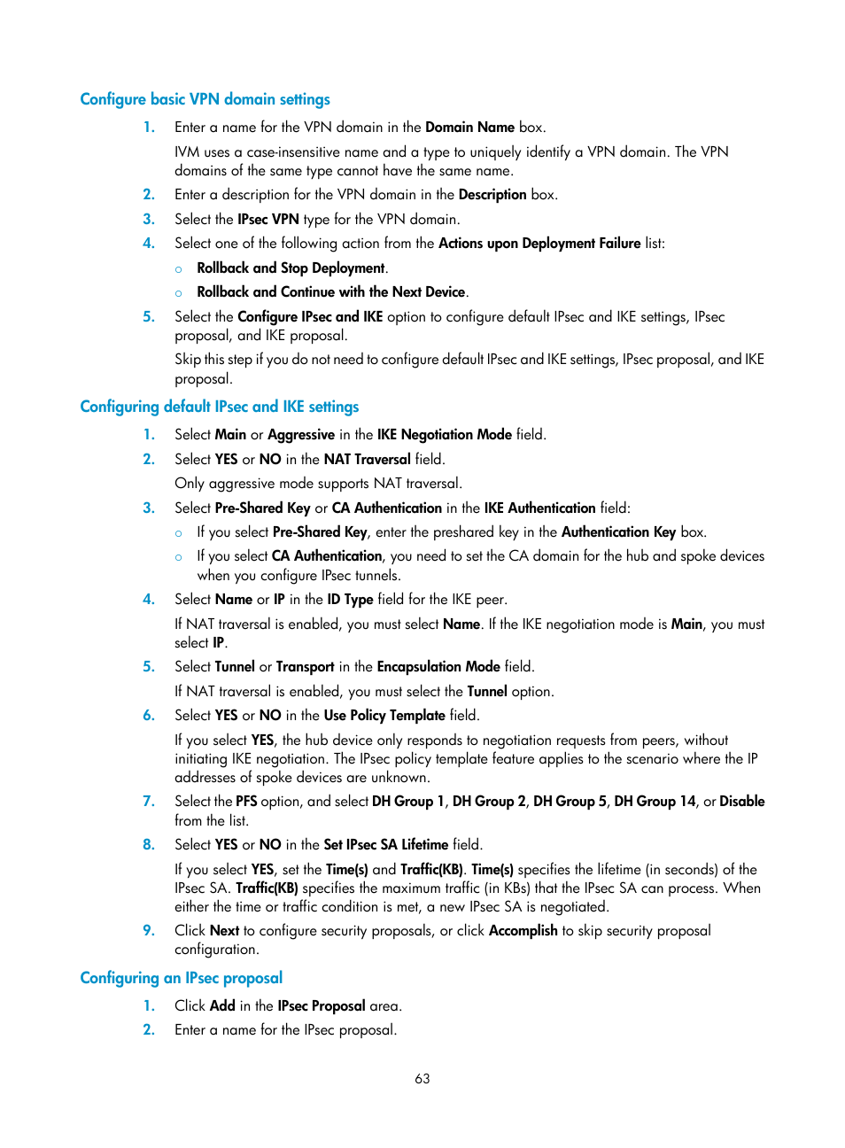 Configure basic vpn domain settings, Configuring default ipsec and ike settings, Configuring an ipsec proposal | H3C Technologies H3C Intelligent Management Center User Manual | Page 73 / 213