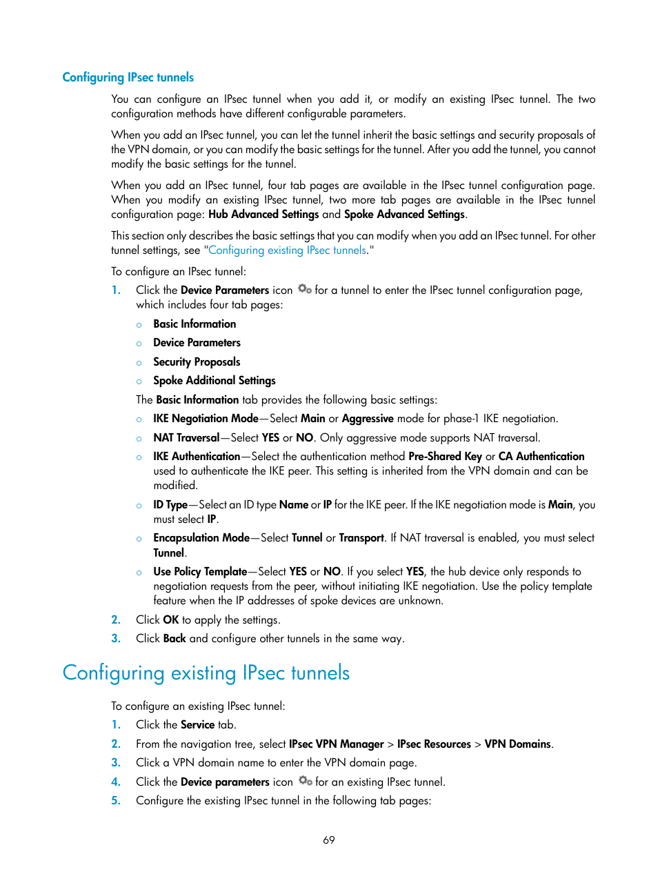 Configuring ipsec tunnels, Configuring existing ipsec tunnels | H3C Technologies H3C Intelligent Management Center User Manual | Page 79 / 213