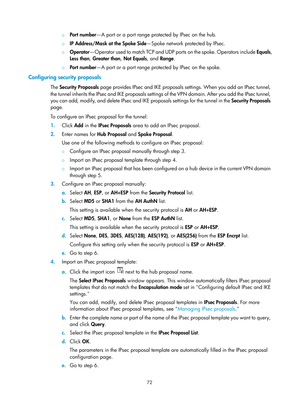 Configuring security proposals | H3C Technologies H3C Intelligent Management Center User Manual | Page 82 / 213