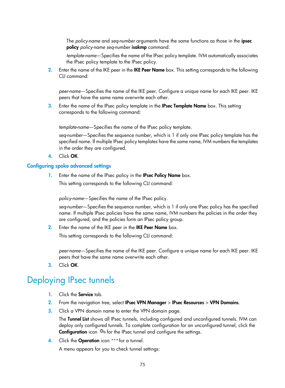 Configuring spoke advanced settings, Deploying ipsec tunnels | H3C Technologies H3C Intelligent Management Center User Manual | Page 85 / 213