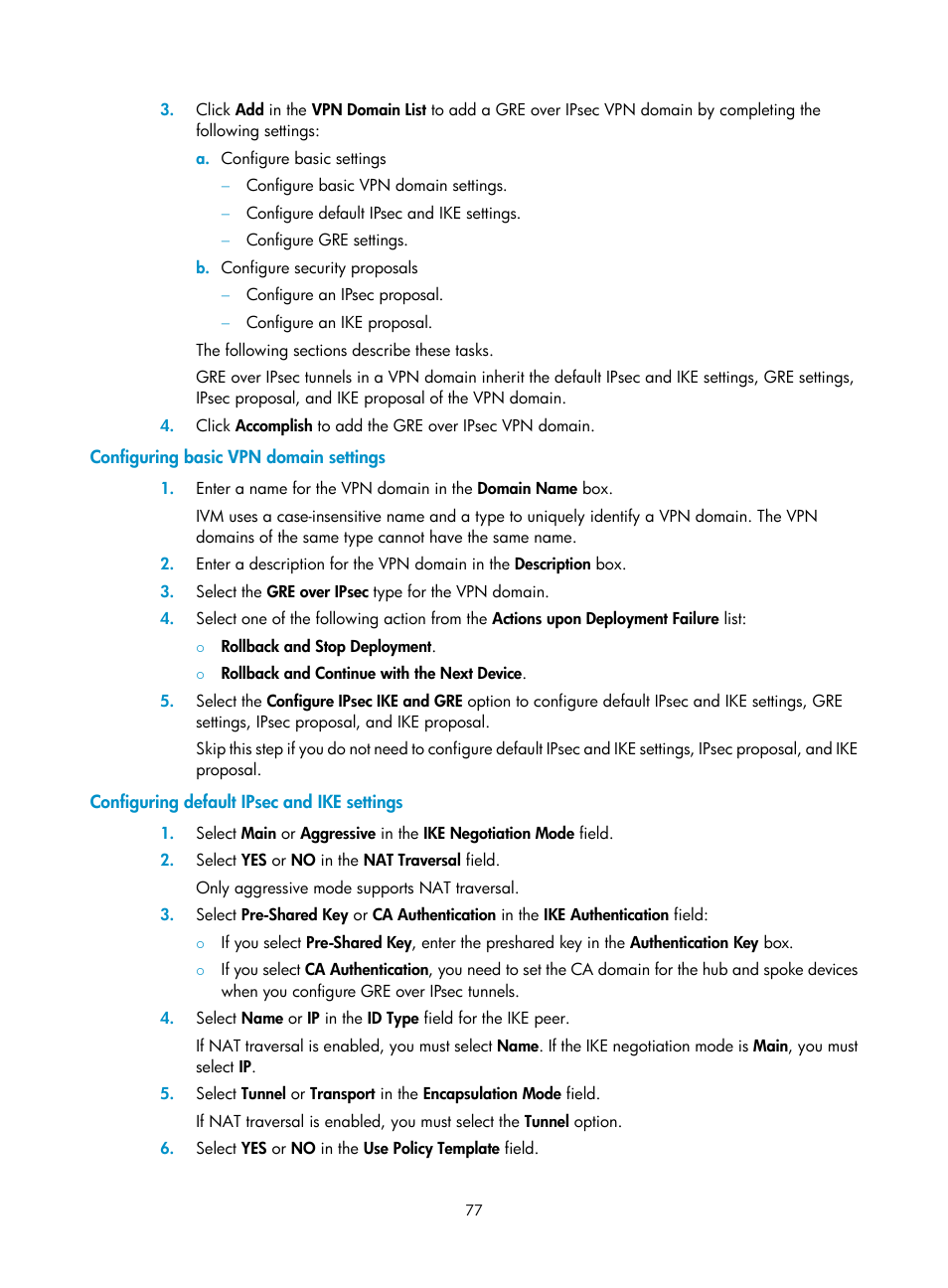 Configuring basic vpn domain settings, Configuring default ipsec and ike settings | H3C Technologies H3C Intelligent Management Center User Manual | Page 87 / 213