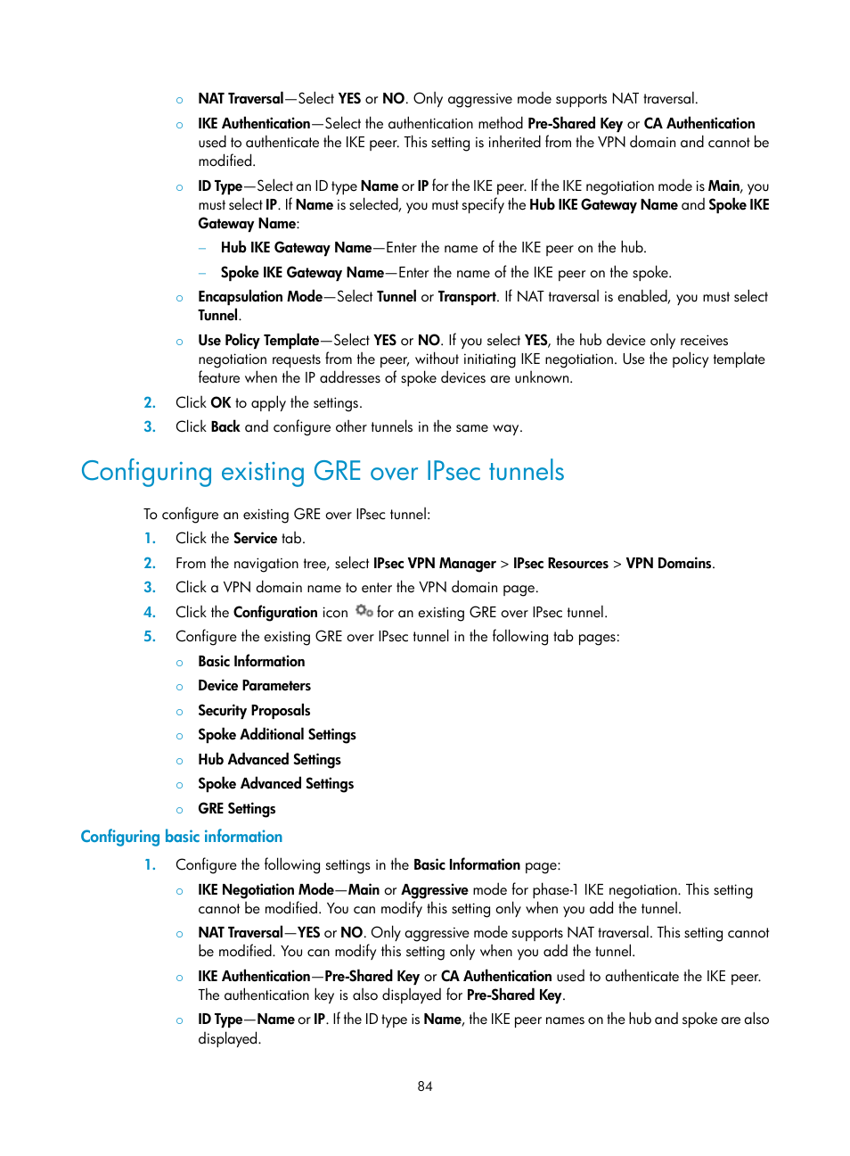 Configuring existing gre over ipsec tunnels, Configuring basic information | H3C Technologies H3C Intelligent Management Center User Manual | Page 94 / 213