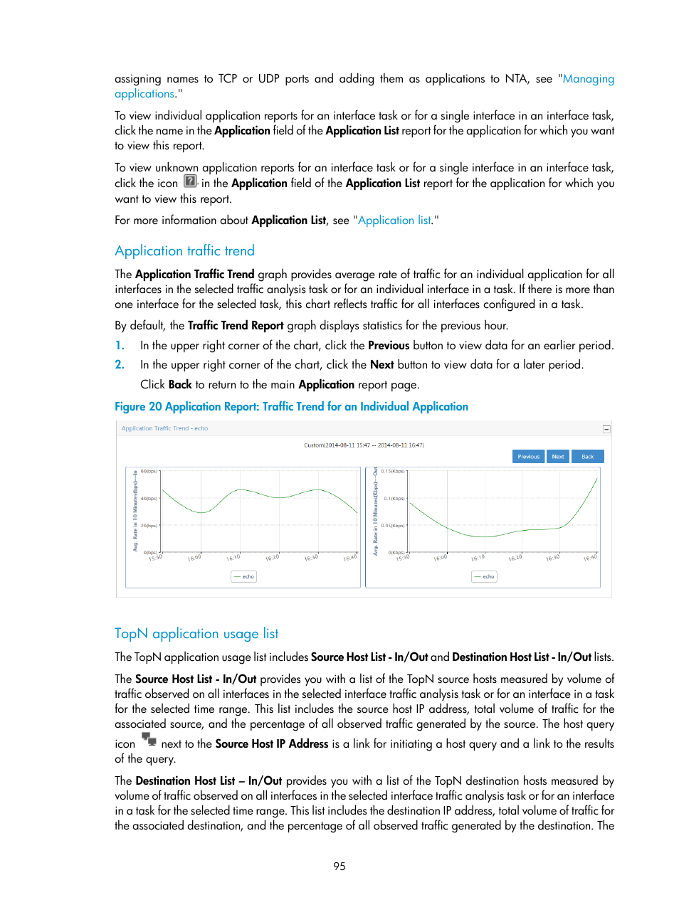 Application traffic trend, Topn application usage list | H3C Technologies H3C Intelligent Management Center User Manual | Page 105 / 371