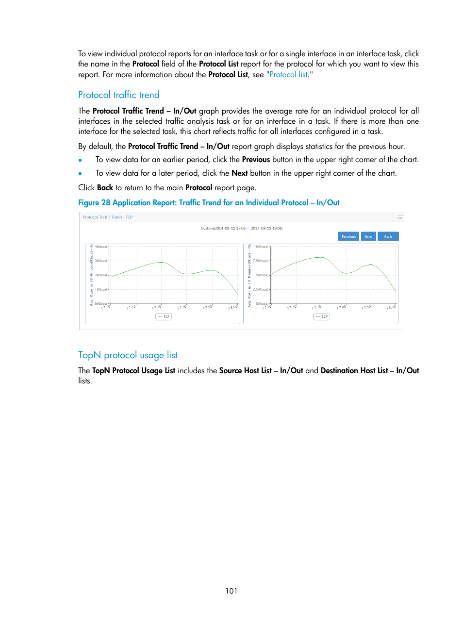 Protocol traffic trend, Topn protocol usage list | H3C Technologies H3C Intelligent Management Center User Manual | Page 111 / 371