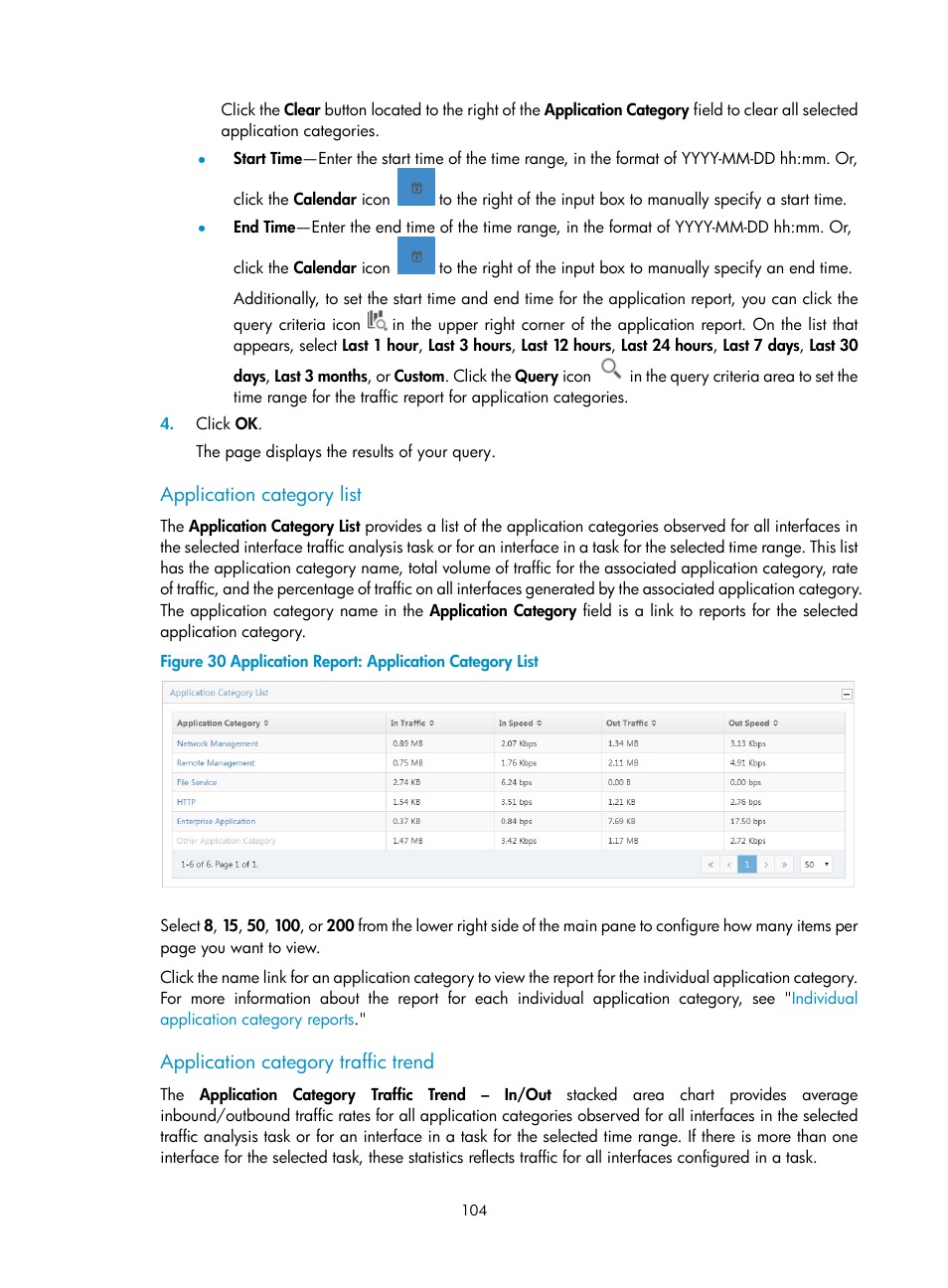 Application category list, Application category traffic trend | H3C Technologies H3C Intelligent Management Center User Manual | Page 114 / 371