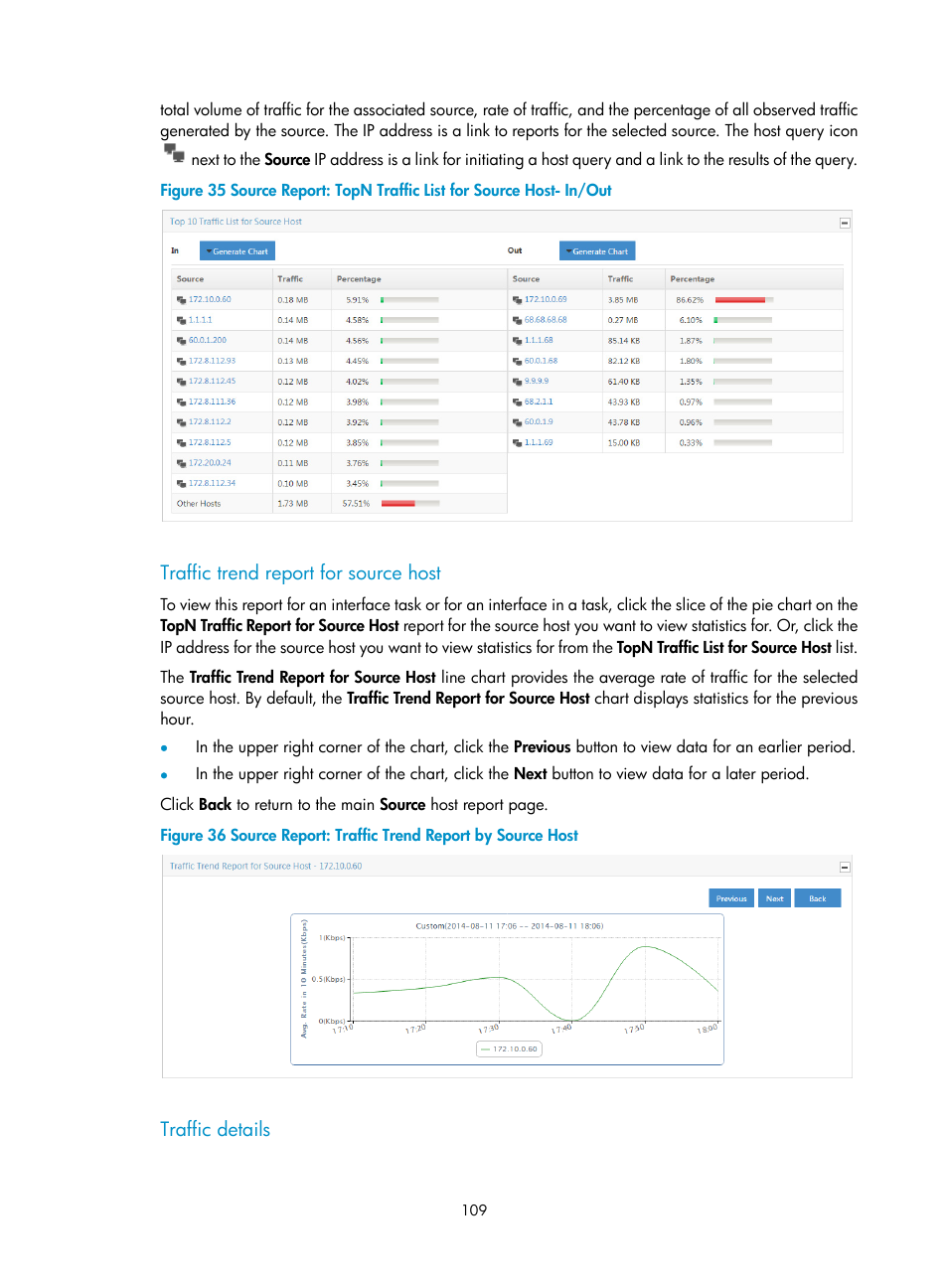 Traffic trend report for source host, Traffic details | H3C Technologies H3C Intelligent Management Center User Manual | Page 119 / 371