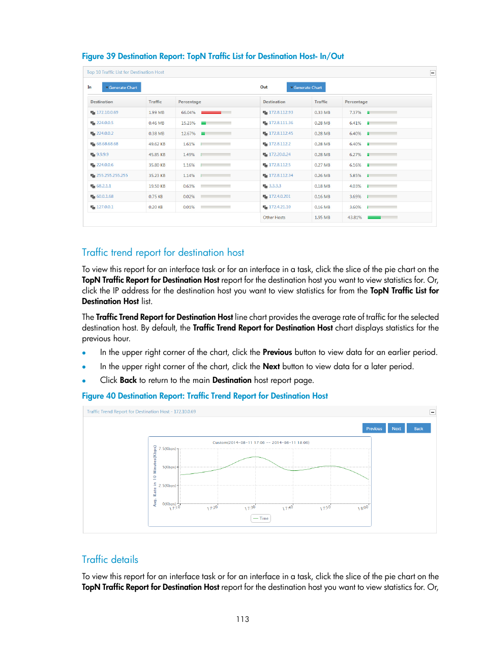 Traffic trend report for destination host, Traffic details | H3C Technologies H3C Intelligent Management Center User Manual | Page 123 / 371