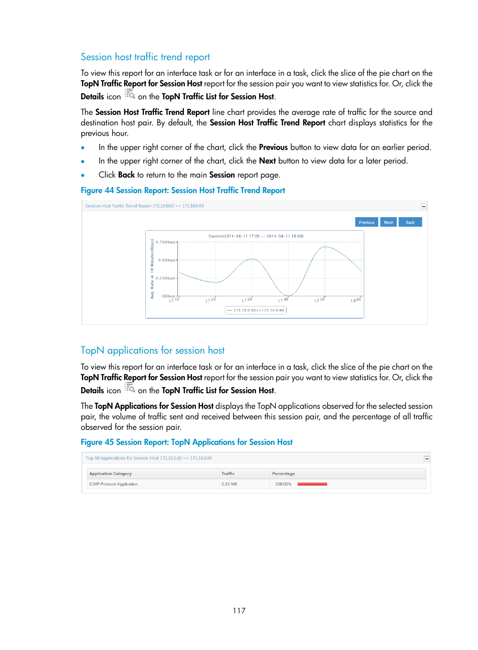 Session host traffic trend report, Topn applications for session host | H3C Technologies H3C Intelligent Management Center User Manual | Page 127 / 371