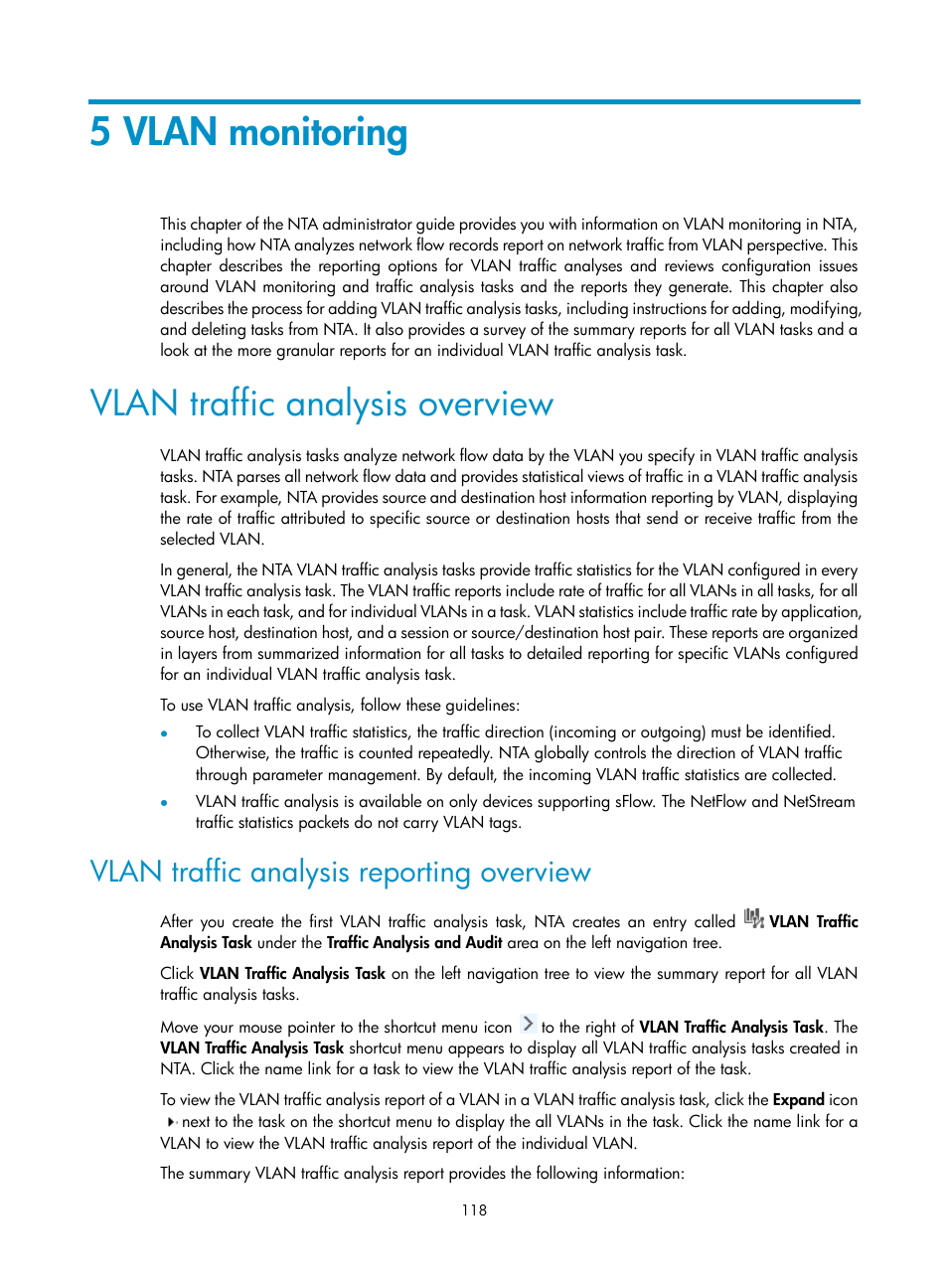 5 vlan monitoring, Vlan traffic analysis overview, Vlan traffic analysis reporting overview | H3C Technologies H3C Intelligent Management Center User Manual | Page 128 / 371