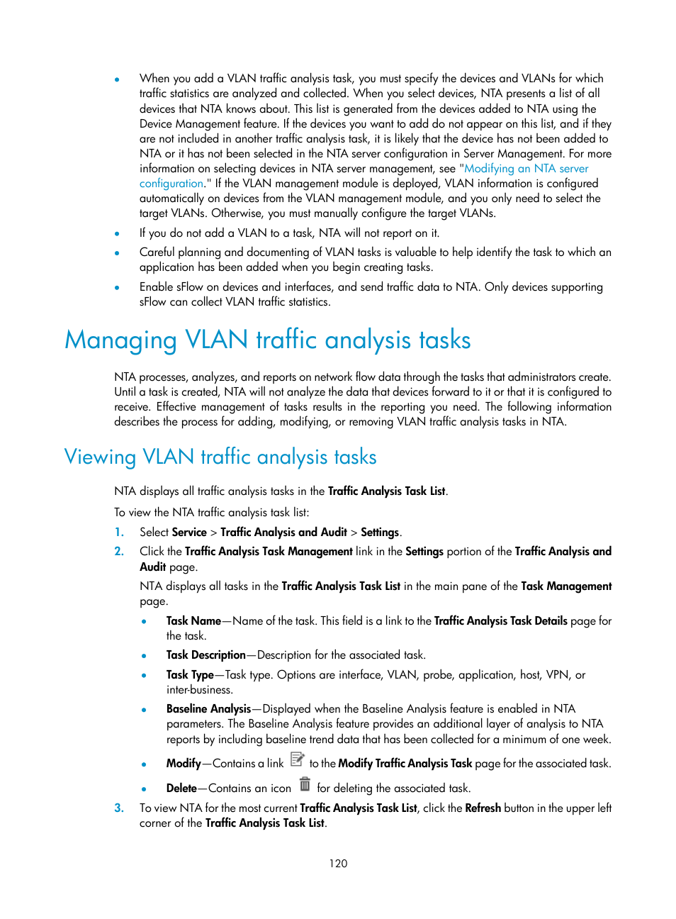 Managing vlan traffic analysis tasks, Viewing vlan traffic analysis tasks | H3C Technologies H3C Intelligent Management Center User Manual | Page 130 / 371