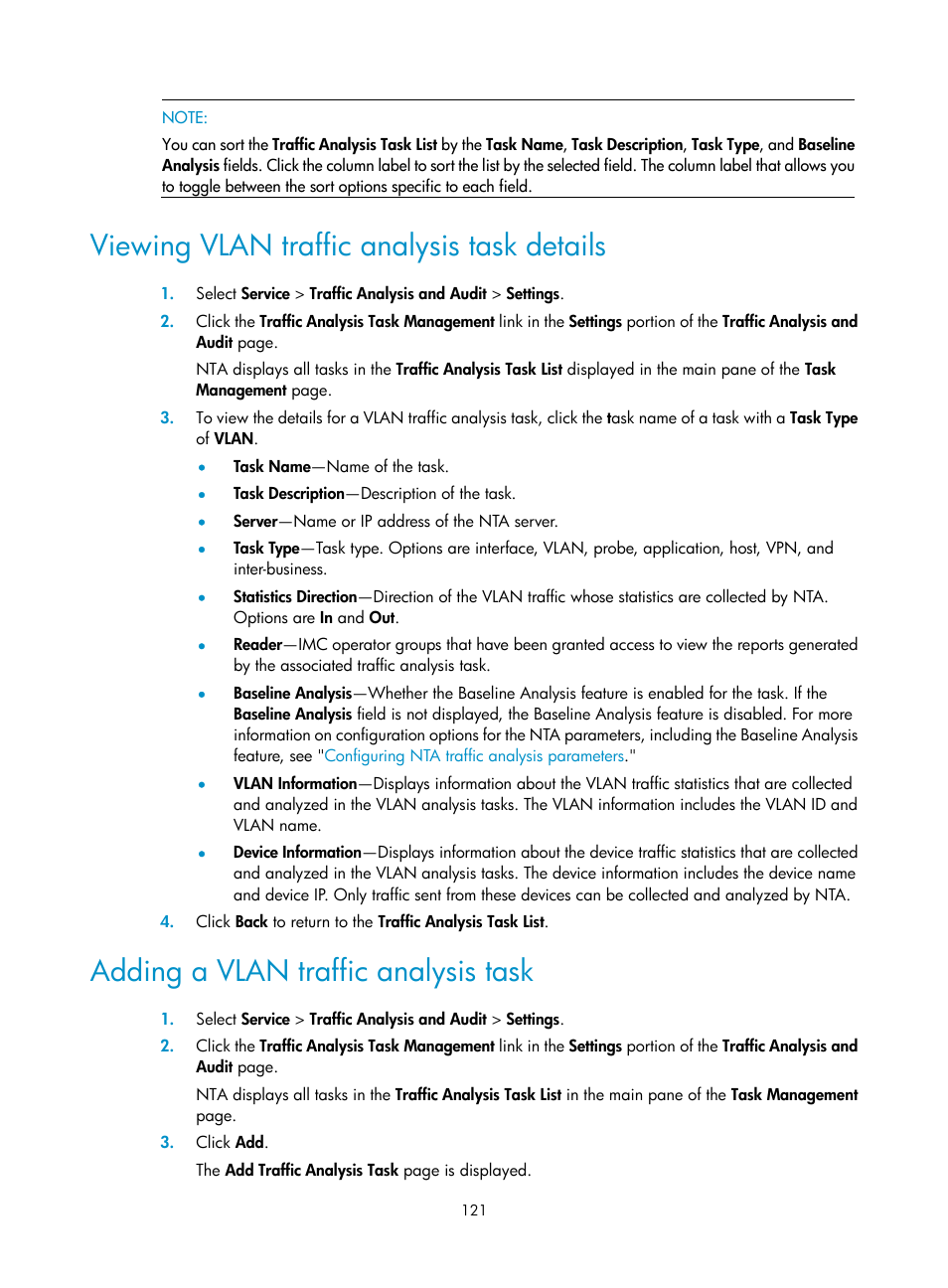 Viewing vlan traffic analysis task details, Adding a vlan traffic analysis task | H3C Technologies H3C Intelligent Management Center User Manual | Page 131 / 371