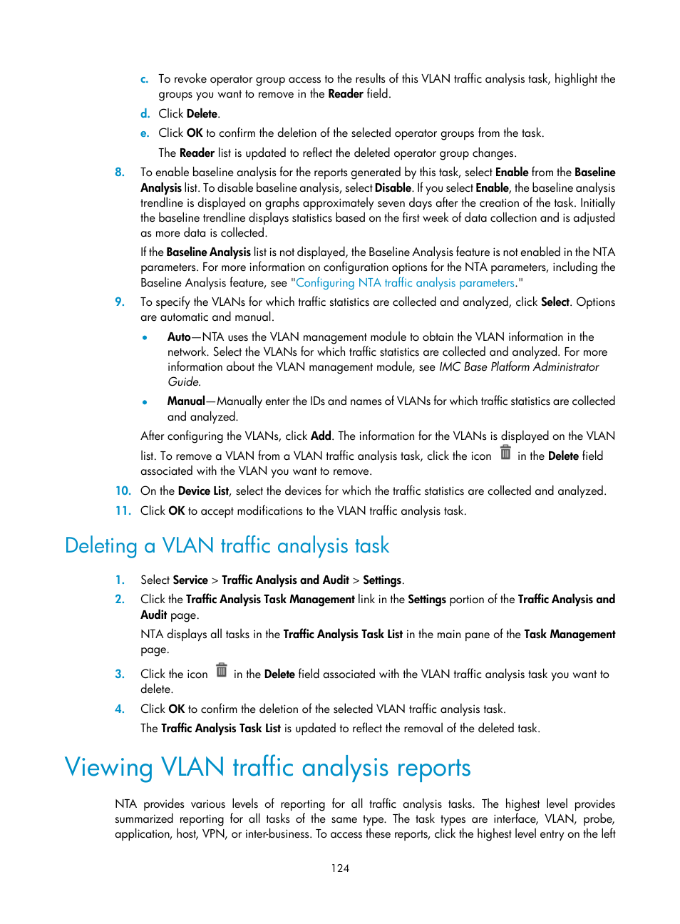 Deleting a vlan traffic analysis task, Viewing vlan traffic analysis reports | H3C Technologies H3C Intelligent Management Center User Manual | Page 134 / 371