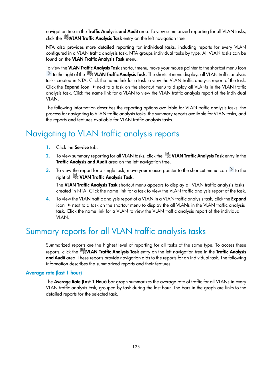 Navigating to vlan traffic analysis reports, Average rate (last 1 hour) | H3C Technologies H3C Intelligent Management Center User Manual | Page 135 / 371