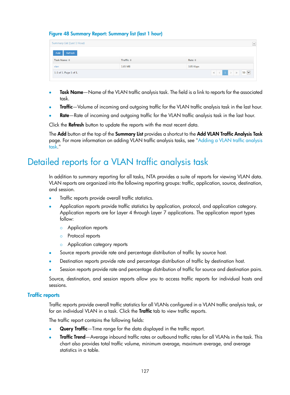 Detailed reports for a vlan traffic analysis task, Traffic reports | H3C Technologies H3C Intelligent Management Center User Manual | Page 137 / 371