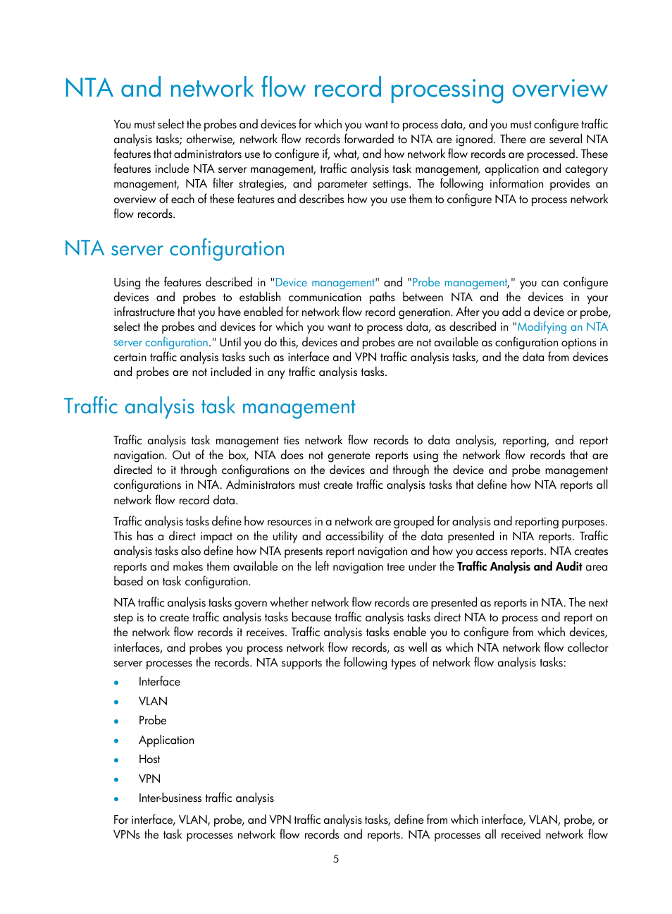 Nta and network flow record processing overview, Nta server configuration, Traffic analysis task management | H3C Technologies H3C Intelligent Management Center User Manual | Page 15 / 371