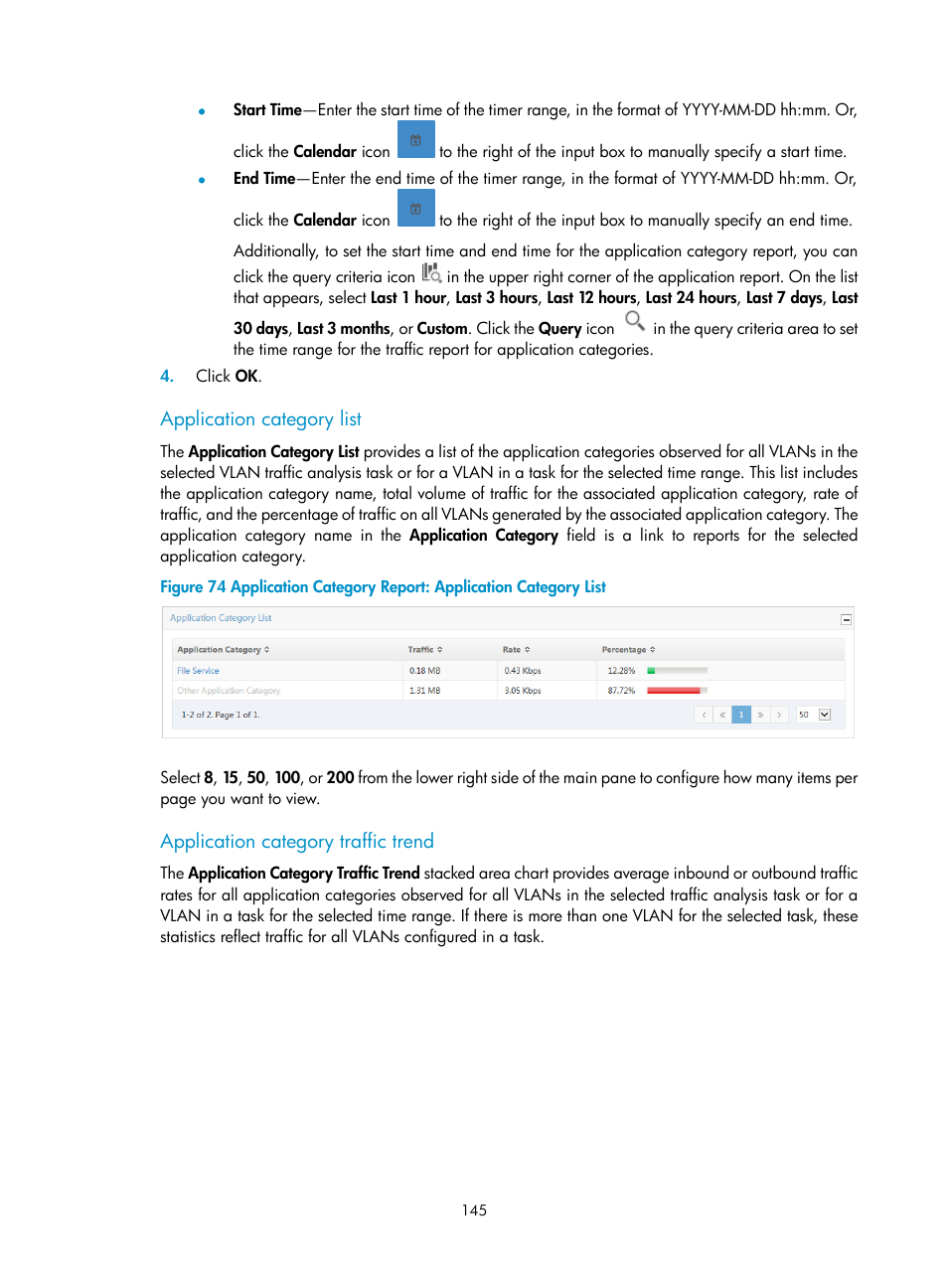 Application category list, Application category traffic trend | H3C Technologies H3C Intelligent Management Center User Manual | Page 155 / 371