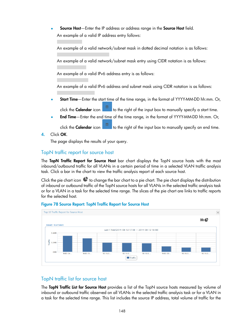 Topn traffic report for source host, Topn traffic list for source host | H3C Technologies H3C Intelligent Management Center User Manual | Page 158 / 371